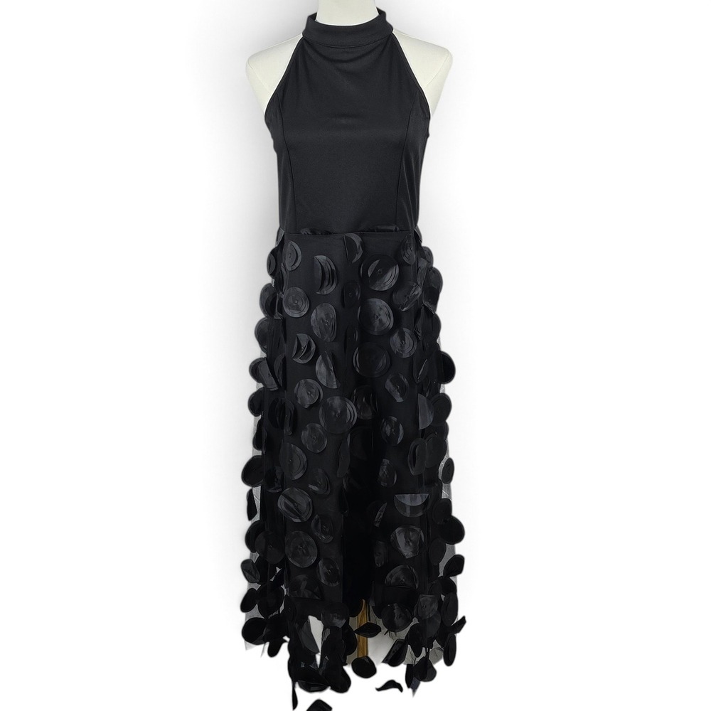 Gothic Maxi Dress Women Med Halter Mock Neck Black 3D Circle Applique Sleeveless